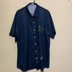 Hawalili Men's Shirt XL Navy Blue Palm Tree Polyester Front Buttons Short Sleeve